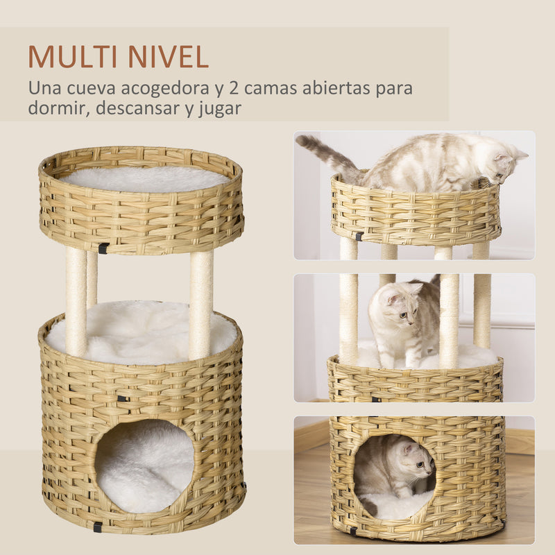 Árvore Arranhadora para Gatos de Vime Torre para Gatos Médios com Caverna 2 Camas Postes de Sisal Natural e Almofadas Laváveis de Pelúcia Suave Ø40,5x69 cm Natural