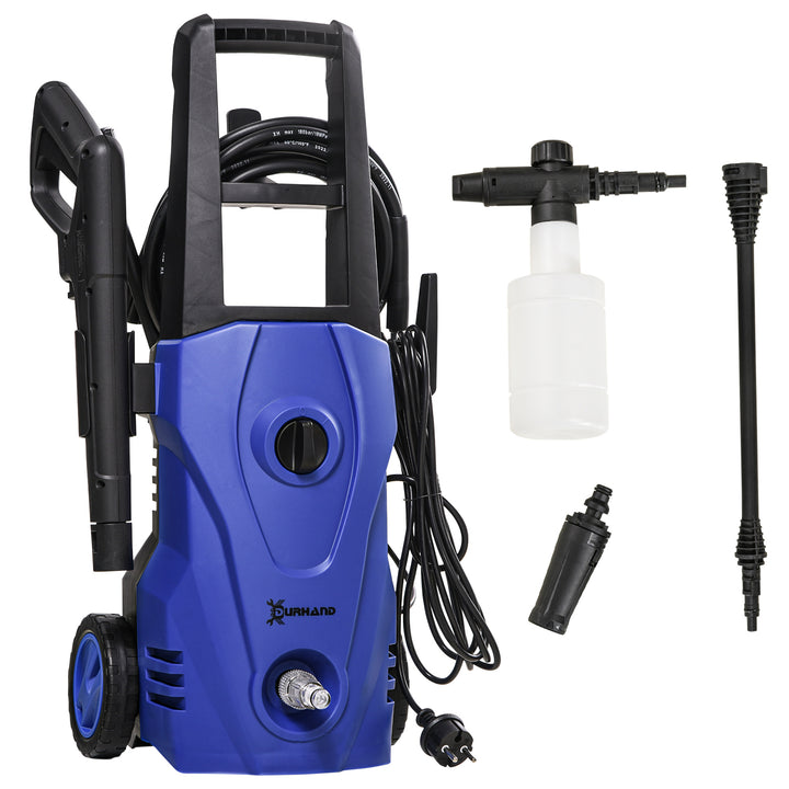 Lavadora de Alta Pressão 1600W Caudal 432 L/h Bomba de Alumínio Pressão de 135 Bar Mangueira de 6 m Inclui Garrafas de Sabão Bocal Escova 32x24x65 cm Azul
