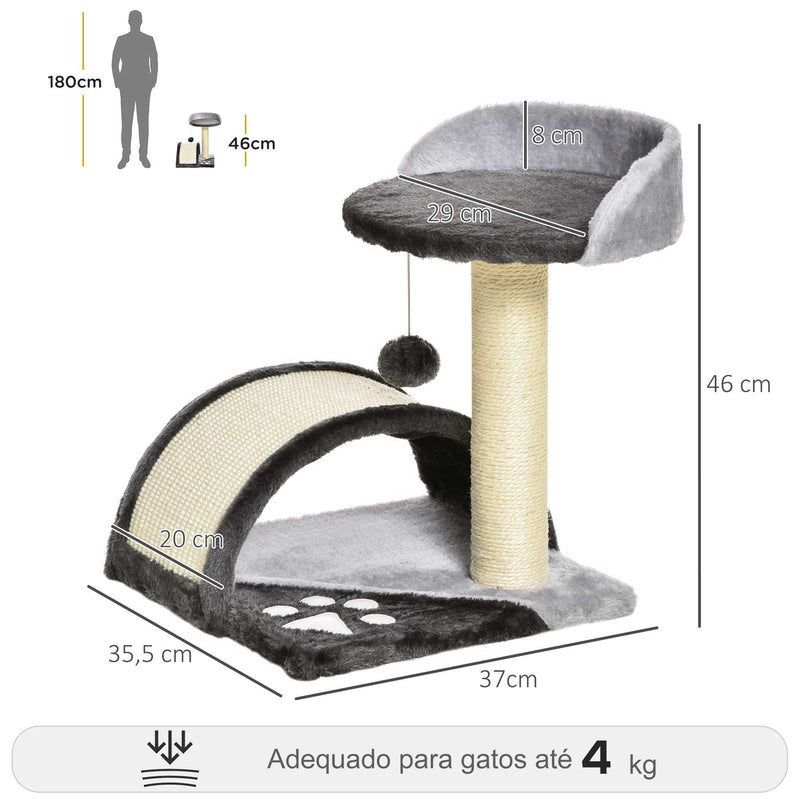 Árvore Arranhador para Gatos Pequena Altura 46 cm de 2 Níveis com Poste e Tapete de Arranhar Cama e Bola Suspensa 35,5x37x46 cm Cinza