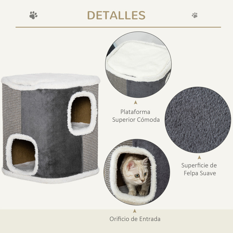 Barril Arranhador para Gatos de 2 Níveis com Caverna de Sisal Pelúcia Suave e Plataforma de Velo 40x40x49cm Cinza