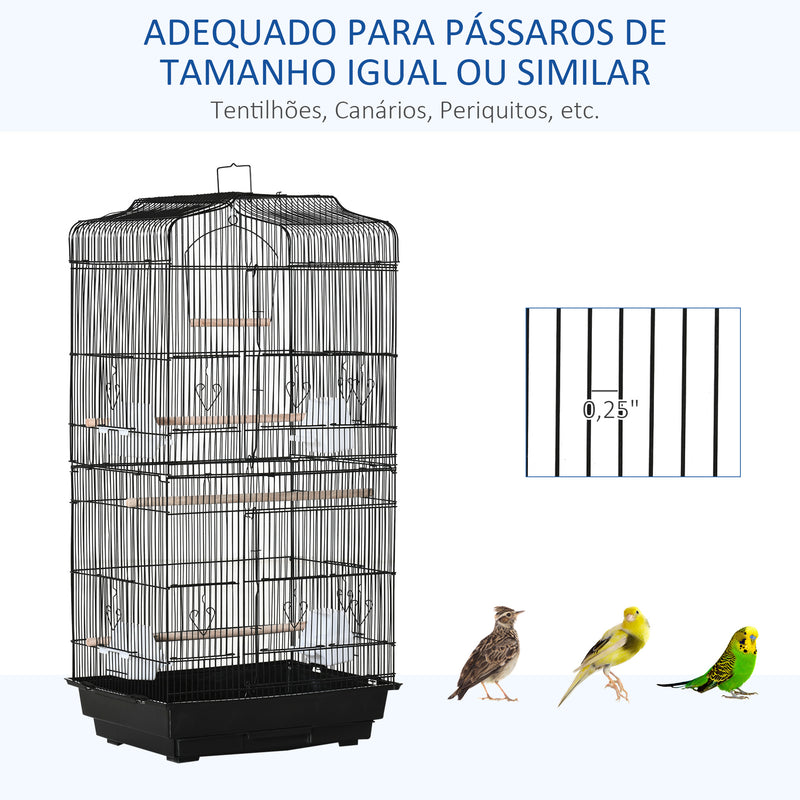 Gaiola para Passáros Gaiola de Metal com Portas 4 Comedouros 3 Poleiros Baloiço Bandeja Removível e Alça de Transporte para Papagaio Canário Periquito 46,5x35,5x92cm Preto