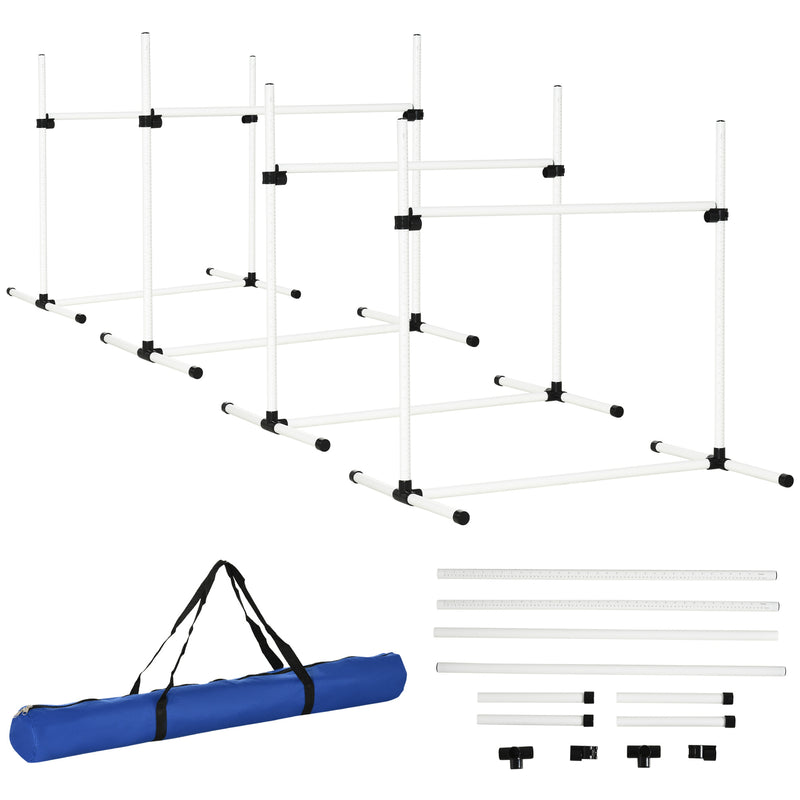 Conjunto de Treinamento de Agilidade para Cães Animais de Estimação 4 Peças Obstáculos de Salto com Altura Ajustável e Bolsa de Transporte para Exteriores 95x65x95cm Branco