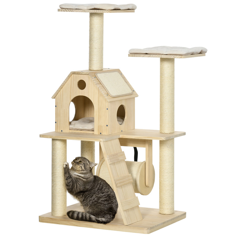 Árvore Arranhador para Gatos Altura 125cm Torre para Gatos com Cama Almofada Lavável Caverna Rolo Postes de Sisal e Rampa 70x50x125cm Madeira