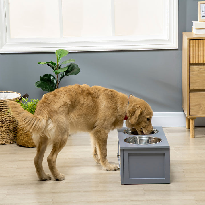 Comedouro Elevado para Cães Médios com 2 Tigelas de 2000ml de Aço Inoxidável Comedouro Alto para Cães com 1 Gaveta 60x30x24cm Cinza