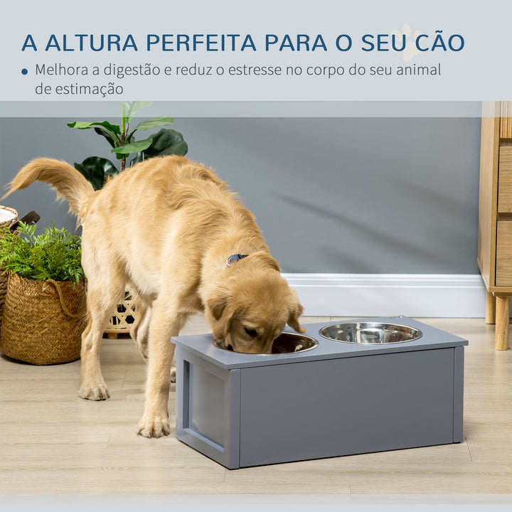 Comedouro Elevado para Cães Médios com 2 Tigelas de 2000ml de Aço Inoxidável Comedouro Alto para Cães com 1 Gaveta 60x30x24cm Cinza