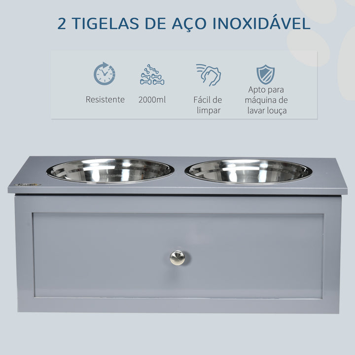 Comedouro Elevado para Cães Médios com 2 Tigelas de 2000ml de Aço Inoxidável Comedouro Alto para Cães com 1 Gaveta 60x30x24cm Cinza