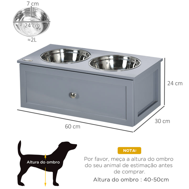 Comedouro Elevado para Cães Médios com 2 Tigelas de 2000ml de Aço Inoxidável Comedouro Alto para Cães com 1 Gaveta 60x30x24cm Cinza