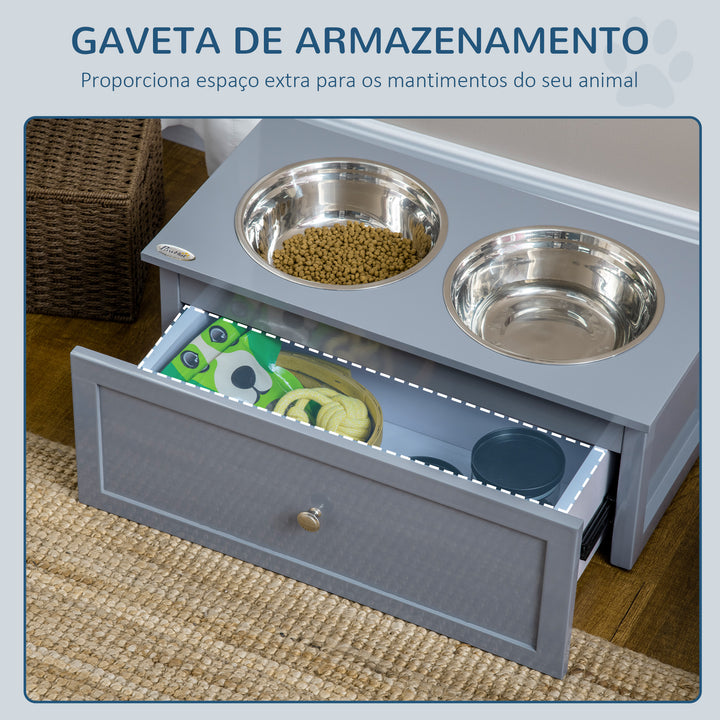 Comedouro Elevado para Cães Médios com 2 Tigelas de 2000ml de Aço Inoxidável Comedouro Alto para Cães com 1 Gaveta 60x30x24cm Cinza