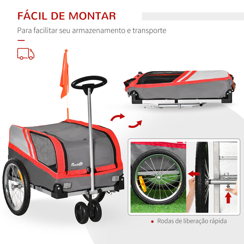 Reboque de Bicicleta para Cães 2 em 1 Carrinho para Animais de Estimação com Porta Enrolável Cinto de Segurança Bandeira e Refletores 130x64x92cm Vermelho e Cinza