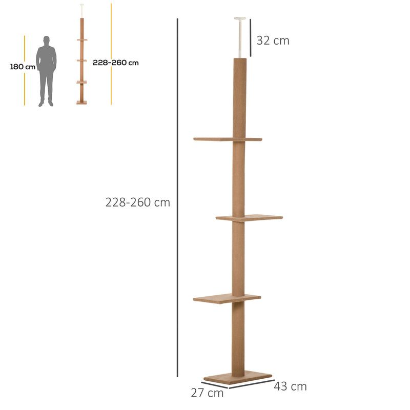 Arranhador para Gatos de Chão ao Teto 43x27x228-260 cm Torre para Gatos com Altura Ajustável 4 Plataformas e Poste de Sisal Marrom Claro