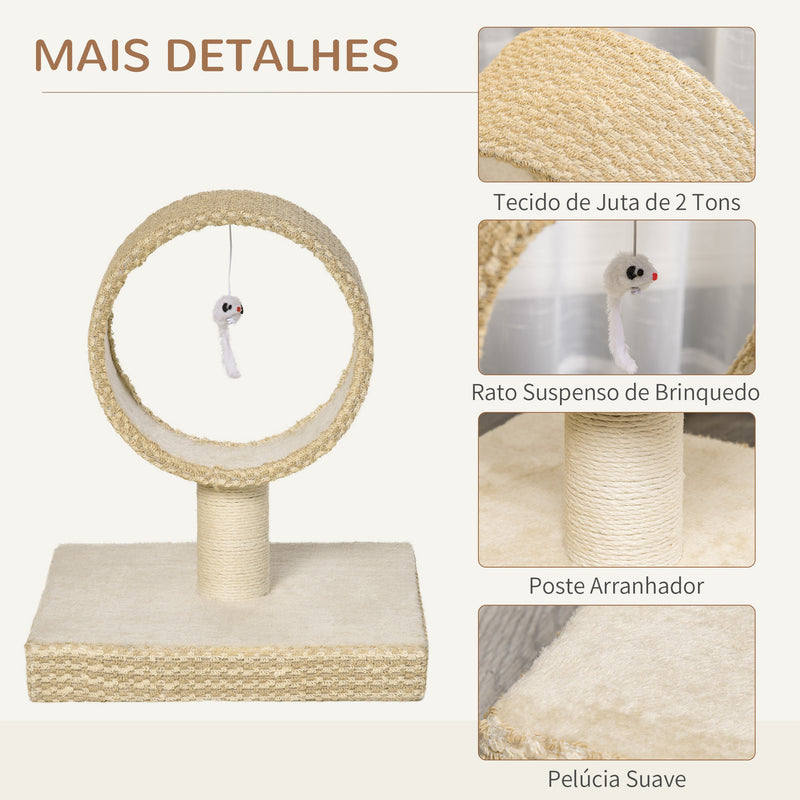 Árvore para Gatos Pequenos Torre de Arranhar de Gato com Túnel Superior Poste Arranhador de Juta Natural e Brinquedo Suspenso 61x41x50cm Bege