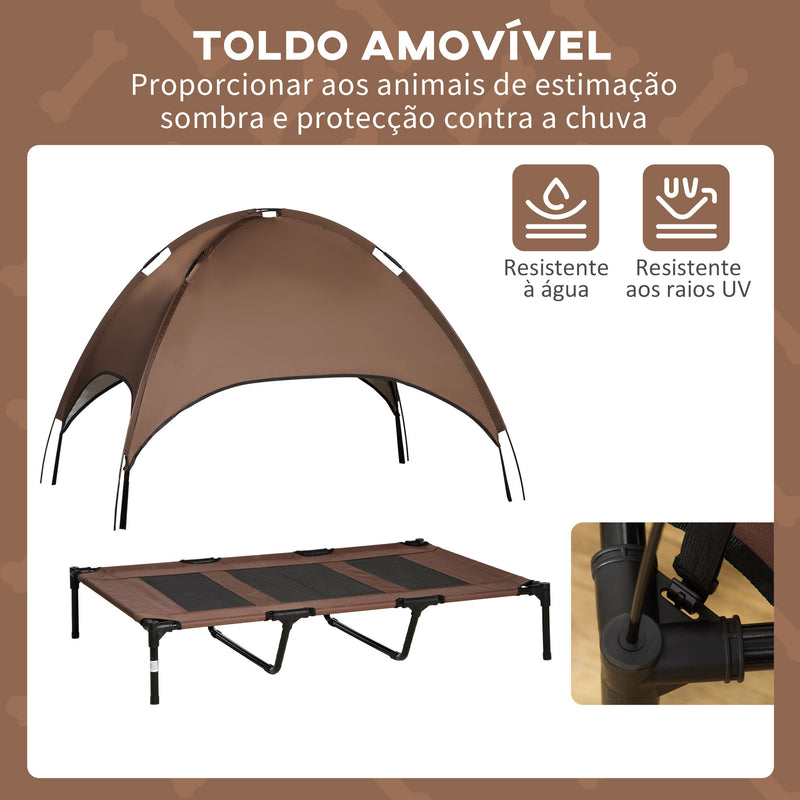 Cama Elevada para Animais de Estimação Portátil com Toldo Amovível Tecido Respirável para Interior e Exterior 122x92x108cm Marrom