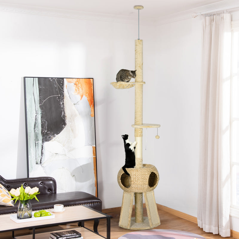 Arranhador para Gatos do Chão ao Teto de 225-255 cm Torre para Gatos com Altura Ajustável Caverna Plataformas Rede Postes de Arranhar Rampas e Bolas Suspensas Ø48x225-255 cm Bege