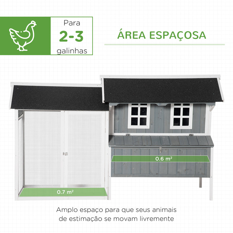 Galinheiro de Madeira Exterior Gaiola para 2-3 Galinhas com Grade de Arame Ninho Teto Asfáltico Bandeja Removível 2 Poleiros e Rampa 209,5x96x123 cm Cinza Azulado