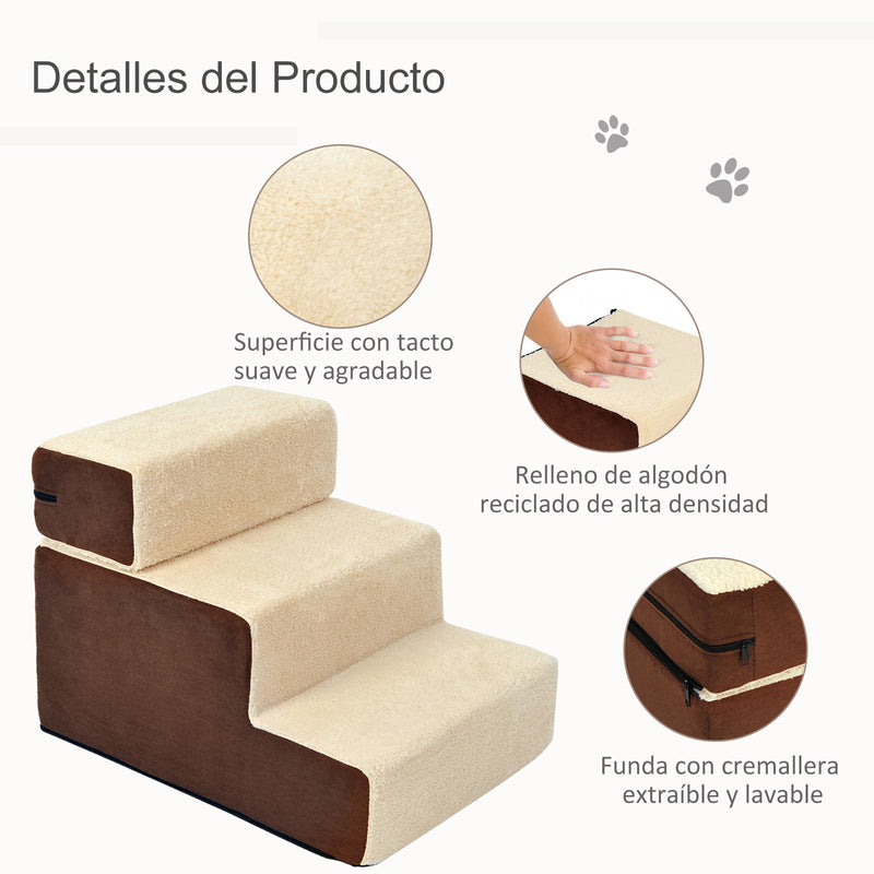 Escada de 3 degraus para animais de estimação Cães Gatos destacável e capa removível portátil Carga 5 kg 54x40x39 cm Marrom e bege