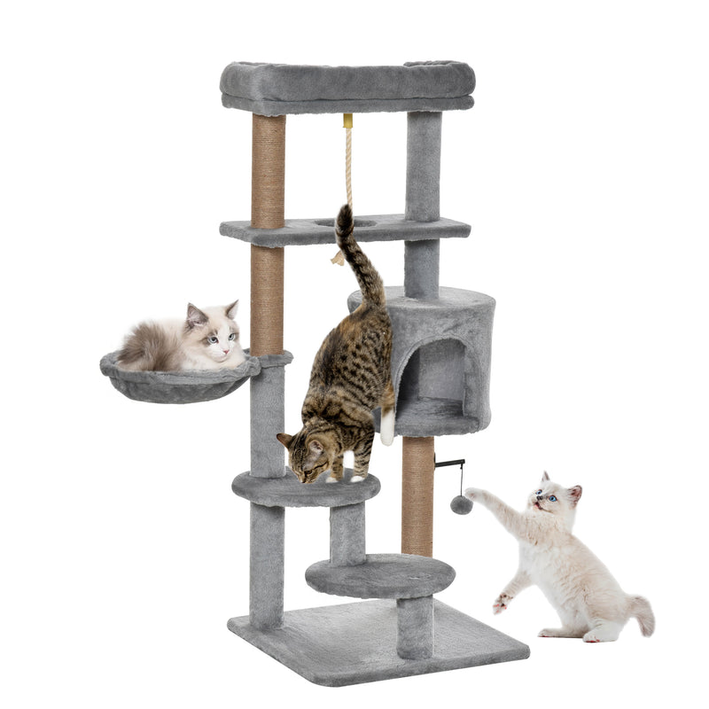 Arranhador para Gatos Altura 120 cm Torre para Gatos com Plataforma Caverna Rede Postes de Juta Corda e Bola Suspensa 48x48x120 cm Cinza