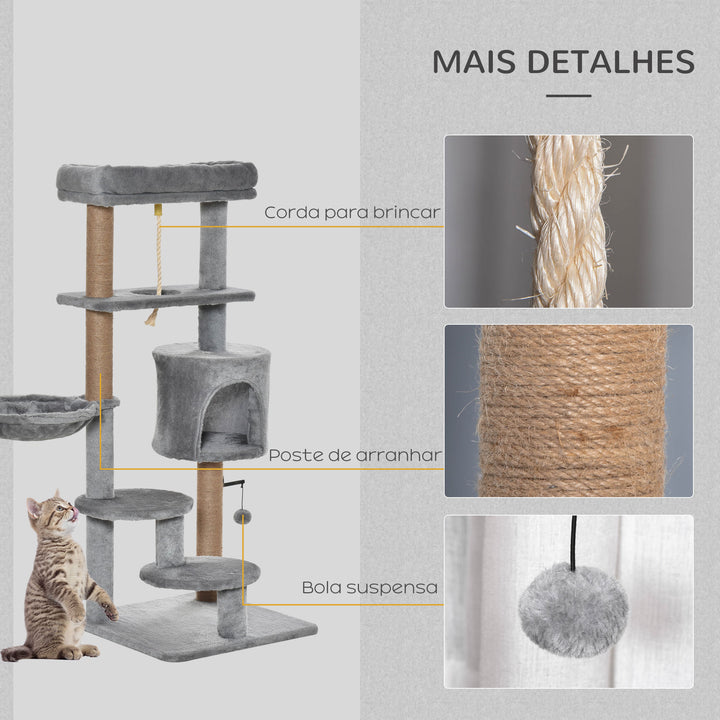 Arranhador para Gatos Altura 120 cm Torre para Gatos com Plataforma Caverna Rede Postes de Juta Corda e Bola Suspensa 48x48x120 cm Cinza