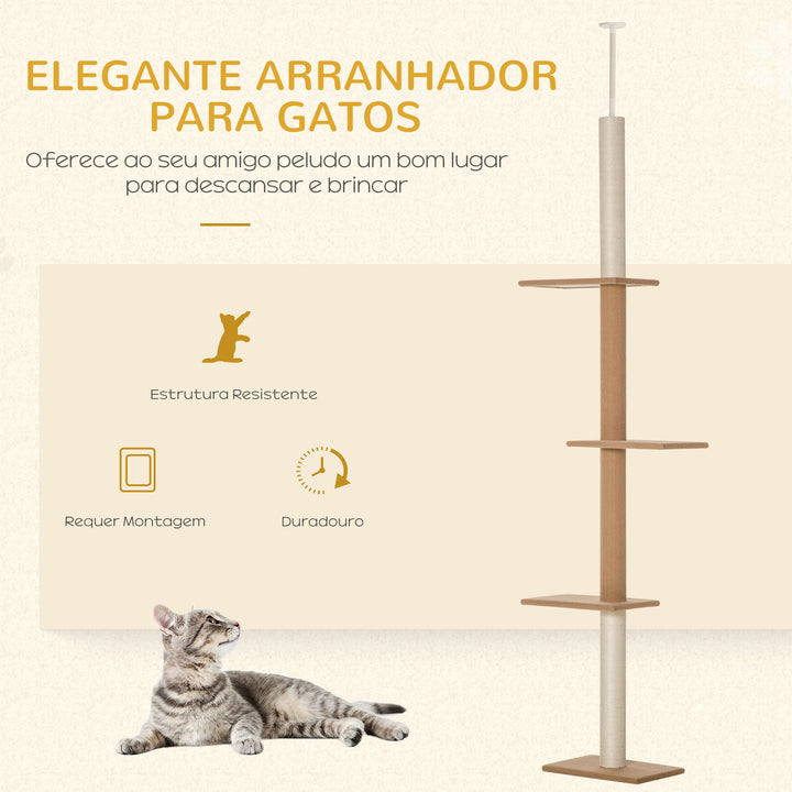 Arranhador para Gatos de Chão ao Teto 43x27x228-260 cm Torre para Gatos com Altura Ajustável 4 Plataformas e Poste de Sisal Marrom Claro