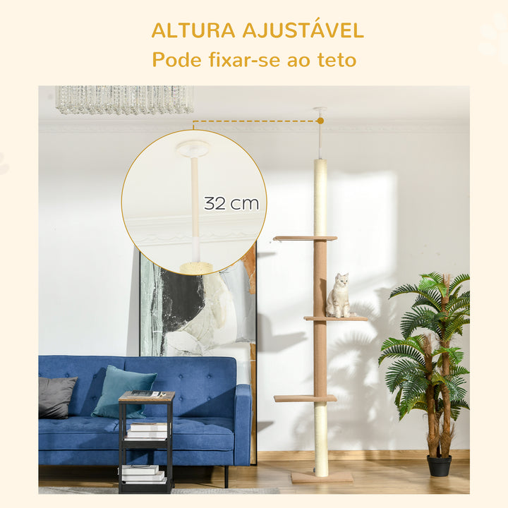 Arranhador para Gatos de Chão ao Teto 43x27x228-260 cm Torre para Gatos com Altura Ajustável 4 Plataformas e Poste de Sisal Marrom Claro