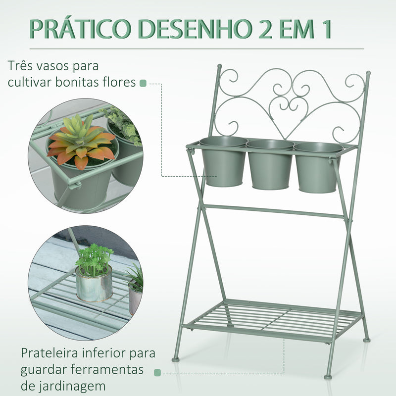 Suporte de Metal para Plantas Dobrável com 3 Vasos Incluidos e Prateleira Inferior Suporte para Vasos de Flores Decorativo para Interior e Exterior 47x37x78,5cm Verde