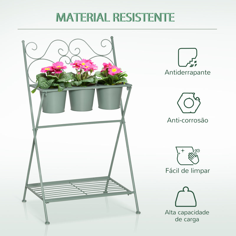 Suporte de Metal para Plantas Dobrável com 3 Vasos Incluidos e Prateleira Inferior Suporte para Vasos de Flores Decorativo para Interior e Exterior 47x37x78,5cm Verde