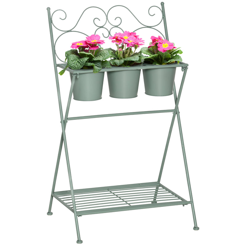 Suporte de Metal para Plantas Dobrável com 3 Vasos Incluidos e Prateleira Inferior Suporte para Vasos de Flores Decorativo para Interior e Exterior 47x37x78,5cm Verde