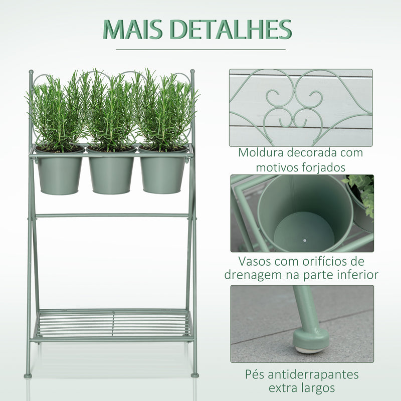 Suporte de Metal para Plantas Dobrável com 3 Vasos Incluidos e Prateleira Inferior Suporte para Vasos de Flores Decorativo para Interior e Exterior 47x37x78,5cm Verde