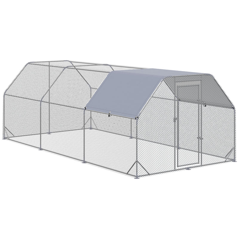 Galinheiro para Exterior Grande de Aço Galvanizado 280x570x195 cm Gaiola para Galinhas com Cobertura de Tecido Oxford Resistente aos Raios UV e Impermeável para Exterior Prata