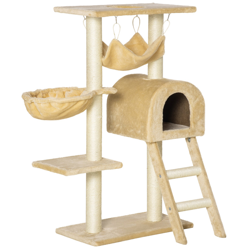 Árvore para Gatos Arranhador com Poste Ninho Cesta Rede Plataforma Casa e Escada de Veludo e Sisal Natural 54x29,5x98 cm Bege