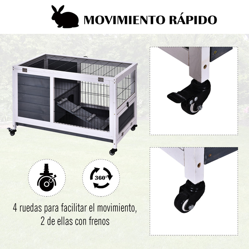 Coelheira de madeira gaiola para pequenos animais de estimação portátil com telhado de abertura rampa de bandeja removível para cobaias 90x53x59 cm cinza e branco