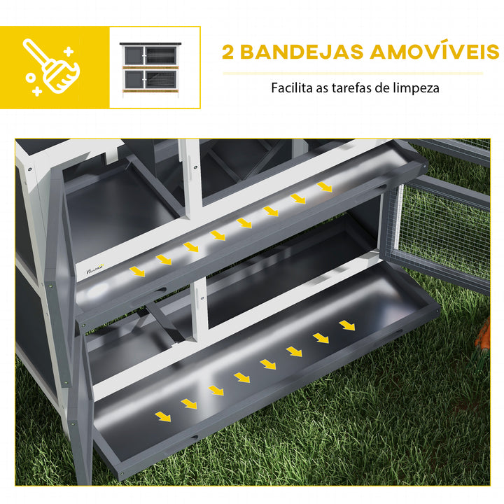 Coelheira de Madeira Gaiola para Coelhos de 2 Pisos 97x44x91 cm com Teto Asfáltico Portas com Trava Bandejas Amovíveis e Rampa para 2 Coelhos Cinza