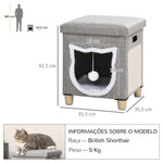 Cama Caverna para Gatos 2 em 1 Casa para Gatos Interior Tipo Apoio para os Pés com Almofada Amovível Bola Suspensa e Almofada para Arranhar 35,5x35,5x42,5 cm Cinza