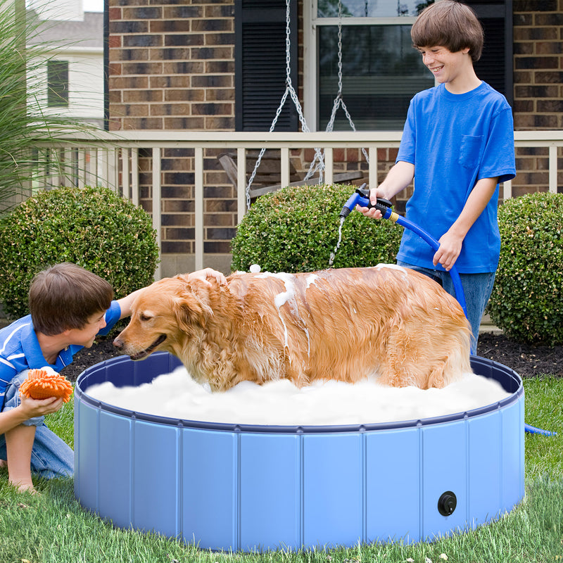 Piscina Dobrável para Cães Gatos Banheira Portátil para Animais de Estimação PVC Antiderrapante Múltiplo Uso para Interior e Exterior Ø120x30 cm Azul