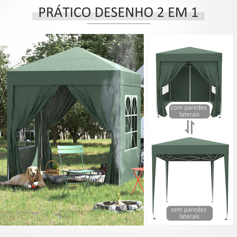 Tenda Dobrável 2x2 m Tenda de Jardim com 4 Paredes Laterais Tecido Oxford 2 Portas 2 Janelas e Bolsa de Transporte para Exterior Terraço Campismo Festas Verde