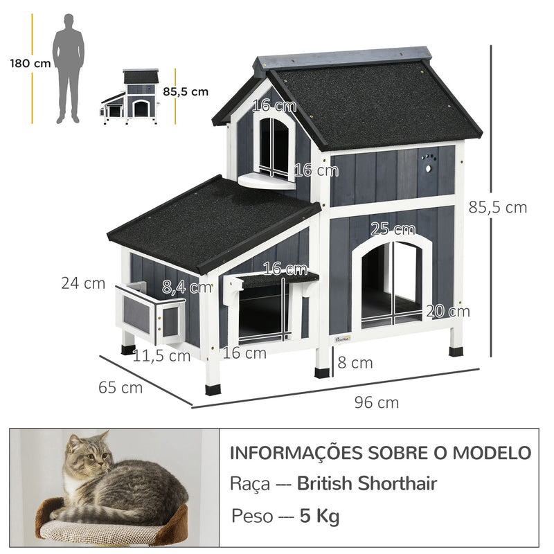 Casa para Gatos de Madeira com Suporte para Flores 96x65x85,5 cm Casa para Gatos de 2 Níveis com Teto Asfáltico Janela e Múltiplas Entradas Cinza