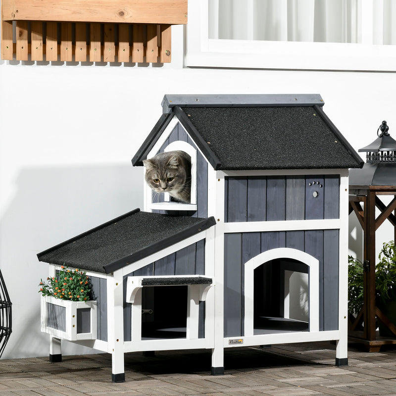 Casa para Gatos de Madeira com Suporte para Flores 96x65x85,5 cm Casa para Gatos de 2 Níveis com Teto Asfáltico Janela e Múltiplas Entradas Cinza