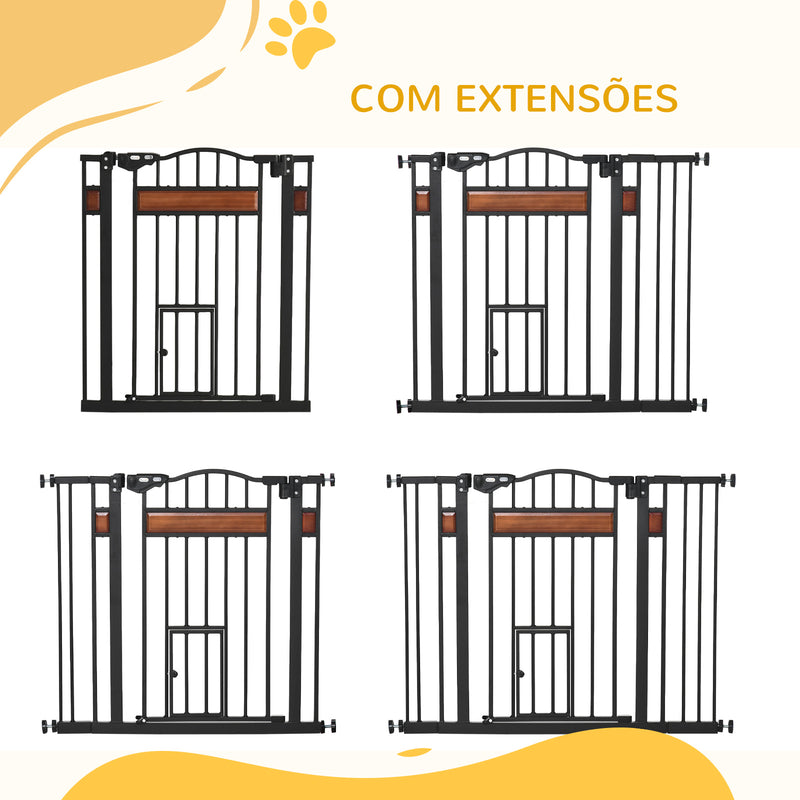 Barreira de Segurança para Cães Extensível para Portas Escadas 74-105cm com 2 Extensões de 10 e 15cm com 2 Portas e Fechadura Automática Aço Preto