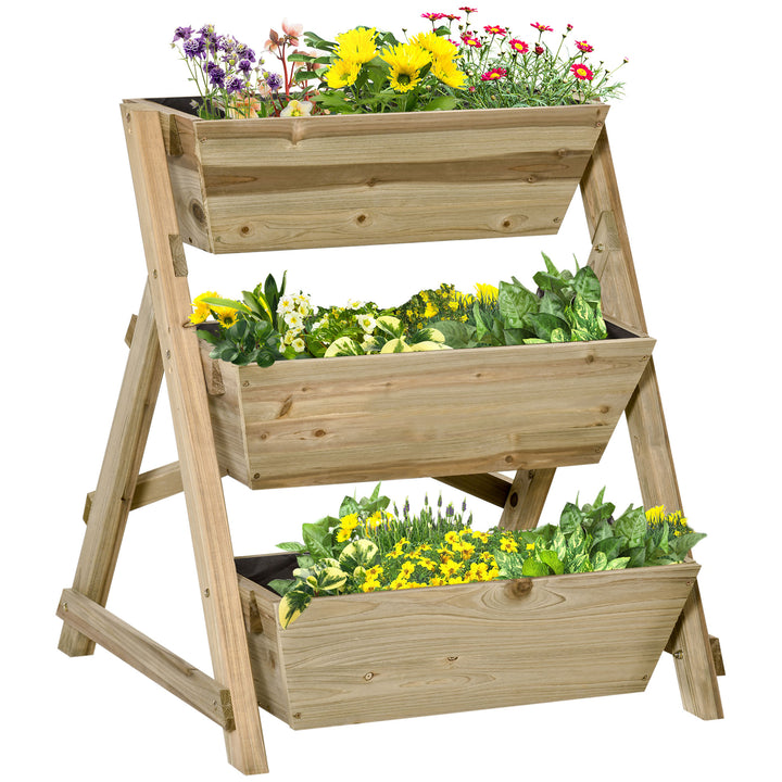 Horta de Escada de 3 Níveis Horta de Madeira com Tecido não tecido e Orifícios de Drenagem Horta para Plantas Flores Ervas 71x61x77cm Madeira Natural
