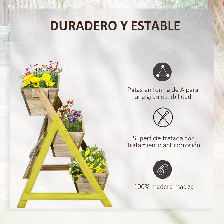 Horta de Escada de 3 Níveis Horta de Madeira com Tecido não tecido e Orifícios de Drenagem Horta para Plantas Flores Ervas 71x61x77cm Madeira Natural