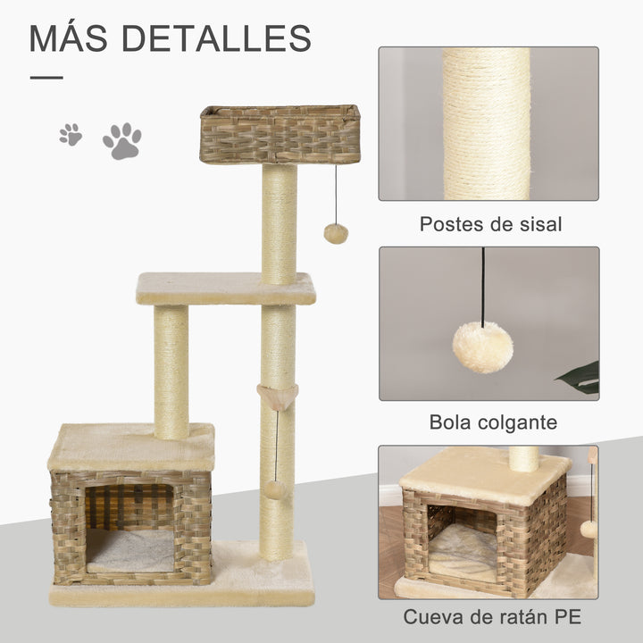 Árvore arranhador para gatos com plataformas, caverna, camas, bolas de jogo e postes de sisal 60x40x109 cm bege e marrom