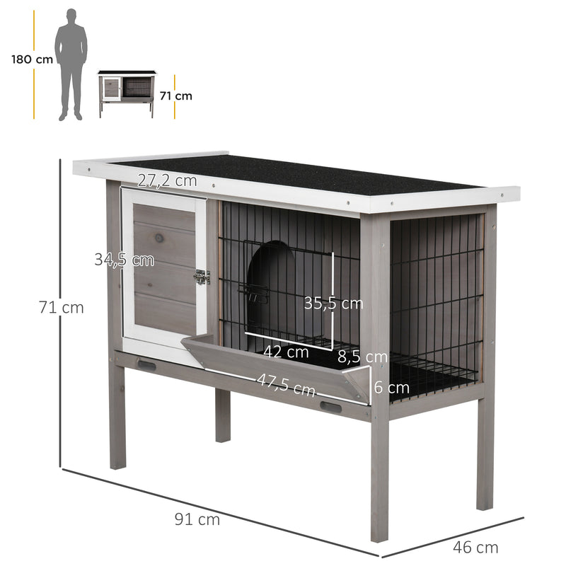 Coelheira de Madeira Exterior Gaiola Elevada para Coelhos Cobaias Animais Pequenos com Teto Asfáltico Abatível Comedouro Bandejas Removíveis e 2 Portas 91x46x71cm Cinza