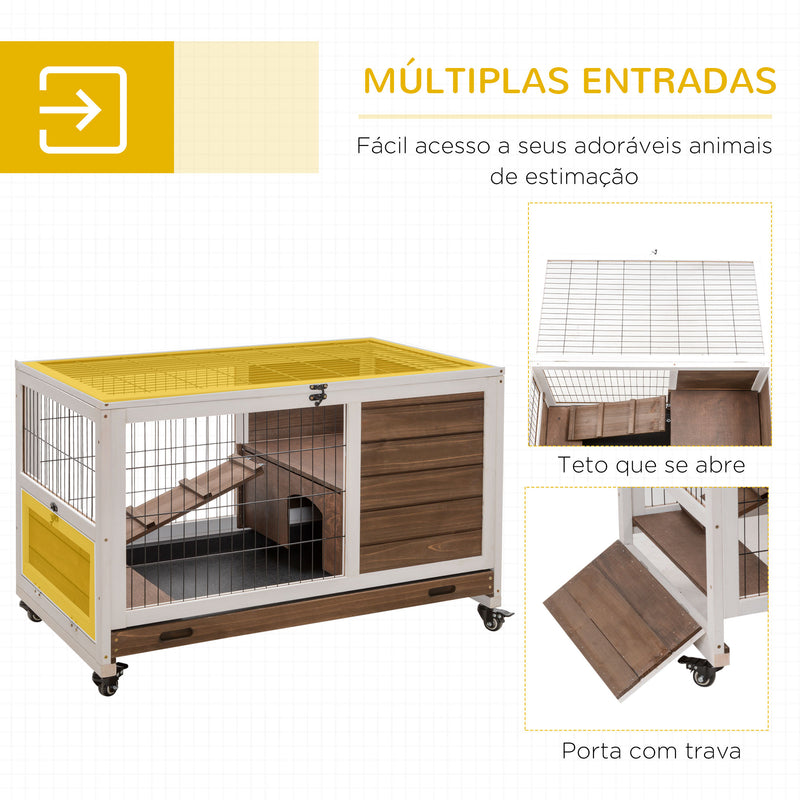 Coelheira de Madeira Gaiola de para Pequenos Animais Portátil com Teto Abatível Rampa Bandeja Removível para Coelhos da Índia 90x53x59cm Marrom