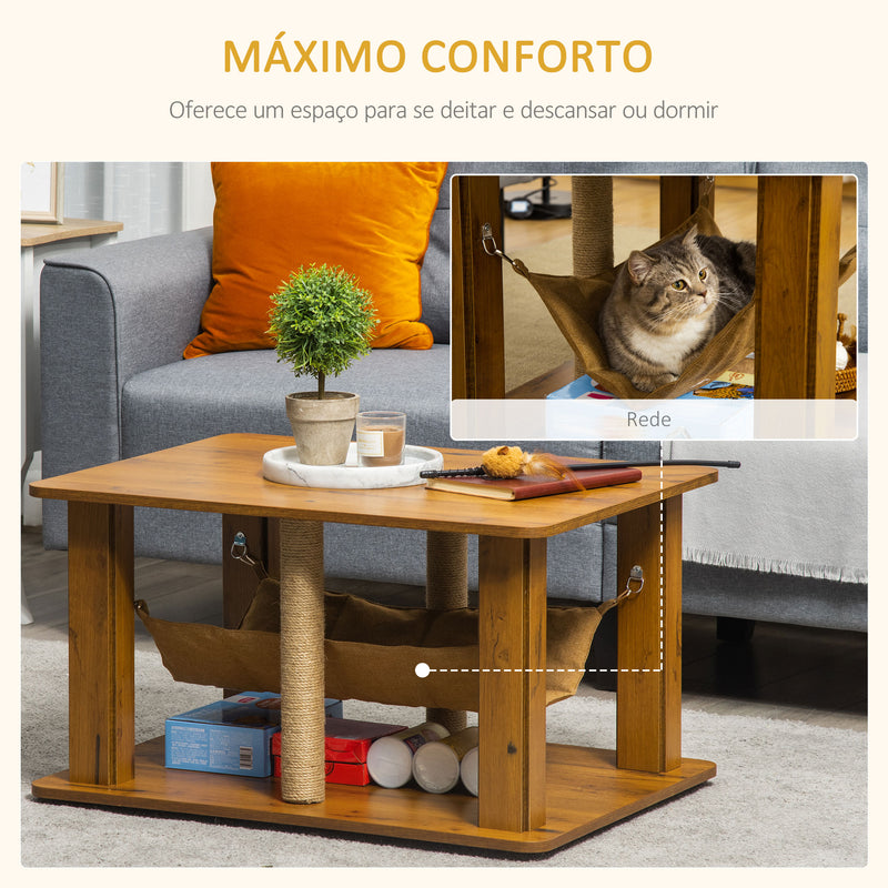 Mesa Auxiliar Mesa de Café com Rede 2 Postes de Arranhar de Juta e Prateleira Inferior de Armazenamento 79x59x45,5cm Marrom