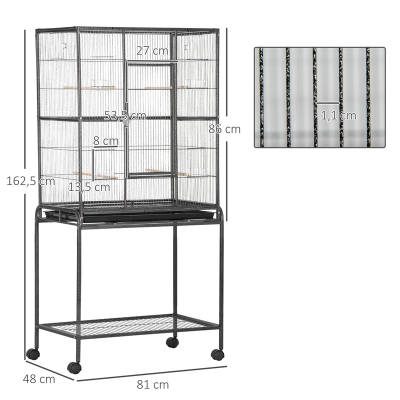 Gaiola para Pássaros com Rodas 81x48x162,5 cm Gaiola de Metal com Bandeja 4 Poleiros 4 Comedouros e Prateleira de Armazenamento para Canários Periquitos Preto e Cinza