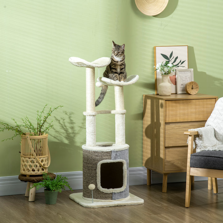 Árvore Arranhador para Gatos Torre para Gatos Altura 110cm com Caverna de Pélucia Plataformas Postes de Sisal e Bolas para Brincar 48x48x110cm Creme e Cinza