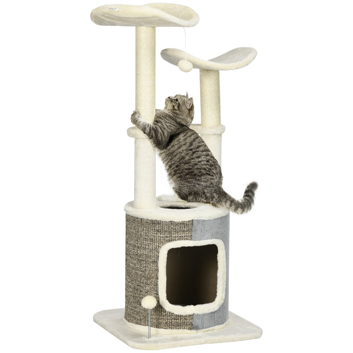 Árvore Arranhador para Gatos Torre para Gatos Altura 110cm com Caverna de Pélucia Plataformas Postes de Sisal e Bolas para Brincar 48x48x110cm Creme e Cinza
