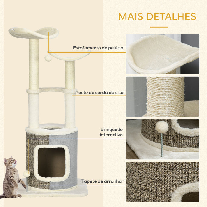 Árvore Arranhador para Gatos Torre para Gatos Altura 110cm com Caverna de Pélucia Plataformas Postes de Sisal e Bolas para Brincar 48x48x110cm Creme e Cinza