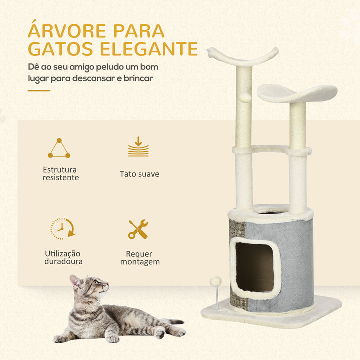 Árvore Arranhador para Gatos Torre para Gatos Altura 110cm com Caverna de Pélucia Plataformas Postes de Sisal e Bolas para Brincar 48x48x110cm Creme e Cinza