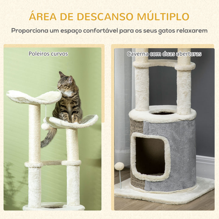 Árvore Arranhador para Gatos Torre para Gatos Altura 110cm com Caverna de Pélucia Plataformas Postes de Sisal e Bolas para Brincar 48x48x110cm Creme e Cinza