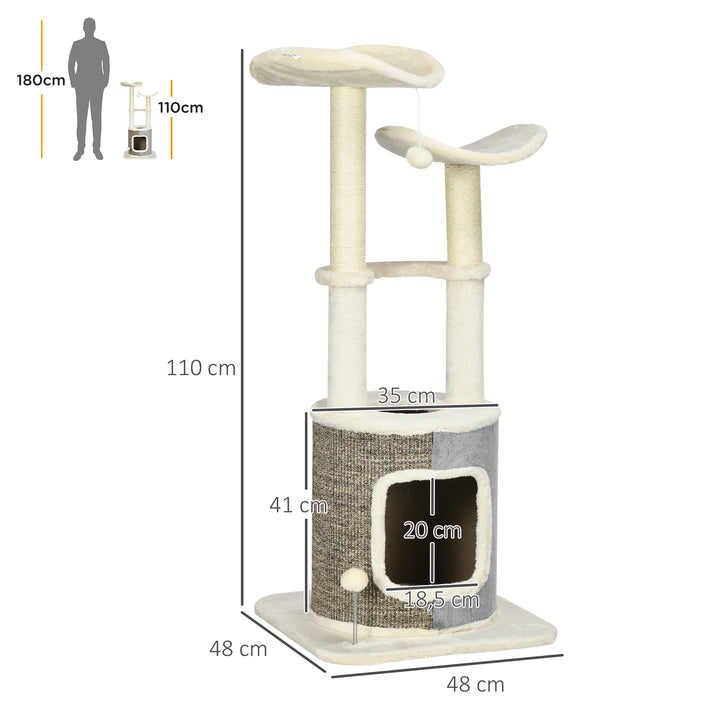 Árvore Arranhador para Gatos Torre para Gatos Altura 110cm com Caverna de Pélucia Plataformas Postes de Sisal e Bolas para Brincar 48x48x110cm Creme e Cinza